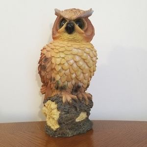 Owl on log. 8 1/2" tall. Hard plastic resin.
